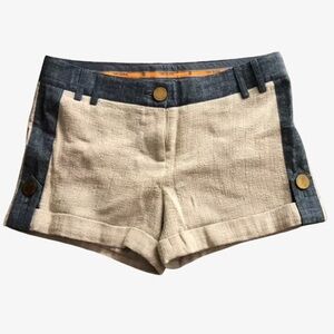 Tory Burch Classy High Waist Nadette Linen l Tan and Blue Denim Shorts Size 6